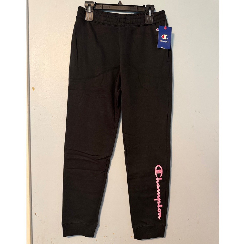 Champion Women's XL 16 Black Joggers Pink Marble Logo Fleece Sweatpants 2074
